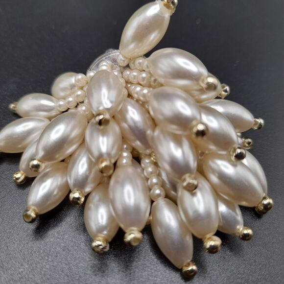 Vintage Faux Pearl Waterfall Clip-on Earrings, 2 1/2", Lucite Beads - Picture 10 of 10